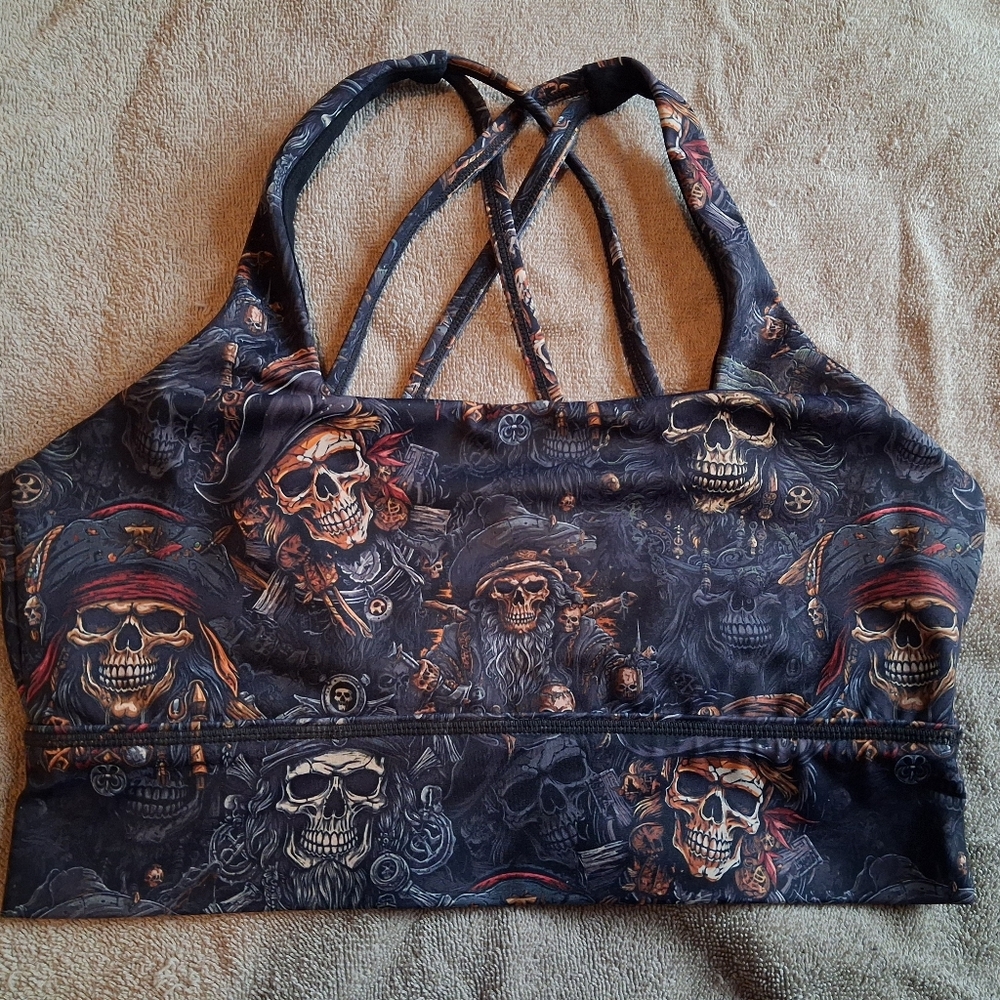 Skull Pirate Strappy Sports Bra - Black & Rust Print